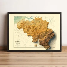 Belgium Map, Belgium 2D Relief Map, Belgium Vintage Map - 2D Flat Print