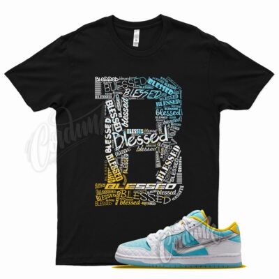 Black BLESSED T Shirt for FTC x N SB Dunk Low Blue Yellow