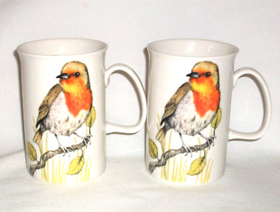 Scotts of Stow 2er Set Rotkehlchen handbemalte Kaffeetassen in Elfenbein / Mehrfarbig