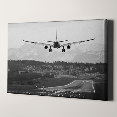 Airplane Landing Vintage Plane Black & White Mountain Canvas Wall Art Print