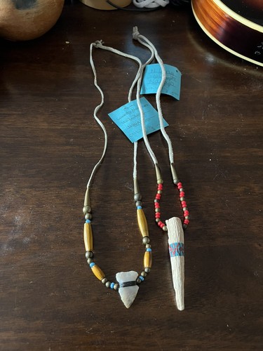 Pair Of Vintage Navajo Arrowhead And Antler Beaded Rawhide Necklaces W Tags