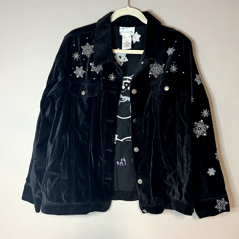 Quacker Factory Snowman Capture The Magic Black Velvet Xmas Jacket Womens XL - Image 2 of 4