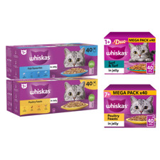 WHISKAS 1+ Cat Pouches Duo Surf & Turf or Poultry Favourites 40x85g Jelly