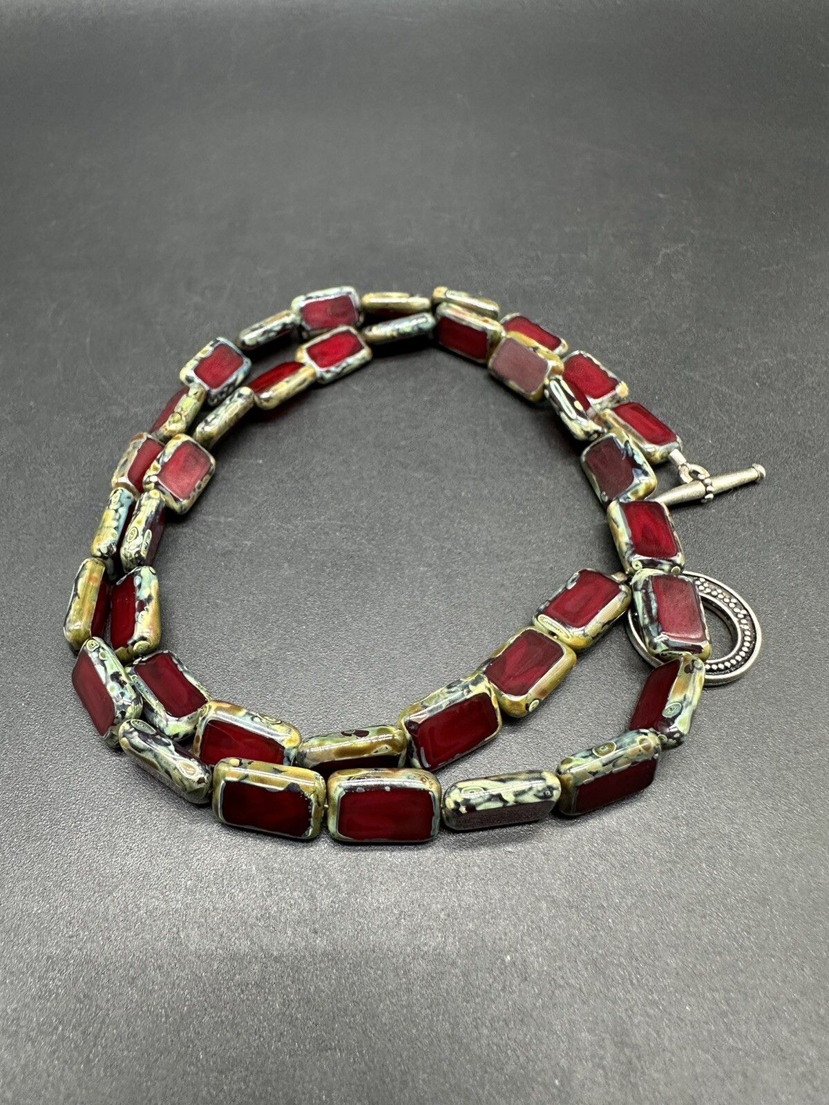 Stone Silver Tone Statement Toggle Necklace Red L… - image 5