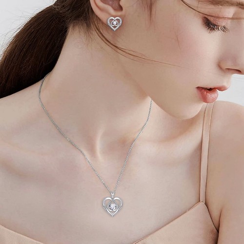 Jewelry Set 925 Sterling Silver 5A Triple Heart Necklace Earrings for Women - Picture 3 of 8
