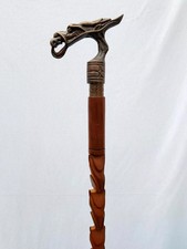 Vintage Aluminium Head Dragon Handle Walking Stick Wooden Designer Brown Cane