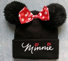 Disney Minnie Mouse Beanie Hat Black Pompom Little Girl Red Bow Warm/Nice Preown