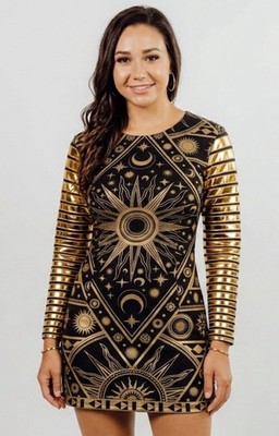 KTZ Kokon To Zai Black & Gold Sun Moon Bodycon Top / Mini Dress - Size S - RARE