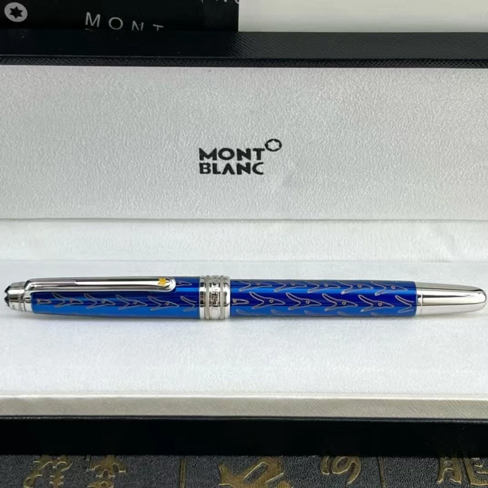 Montblanc Pluma Estilográfica Clásica de Lujo con Patrón Azul y Pluma Firma Nueva Foto 3 de 4