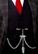 Very Strong Stainless Steel Pocket Watch Albert Double Chain With Ornate Fob.