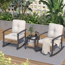 Beige Wicker Rocking Chair Set 3 Piece Patio Cushions Galvanized Steel Frame 36"