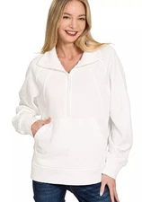 Zenana Womens Fleece Sweatshirt Off White Half Zip with kangaroo Pocket Top