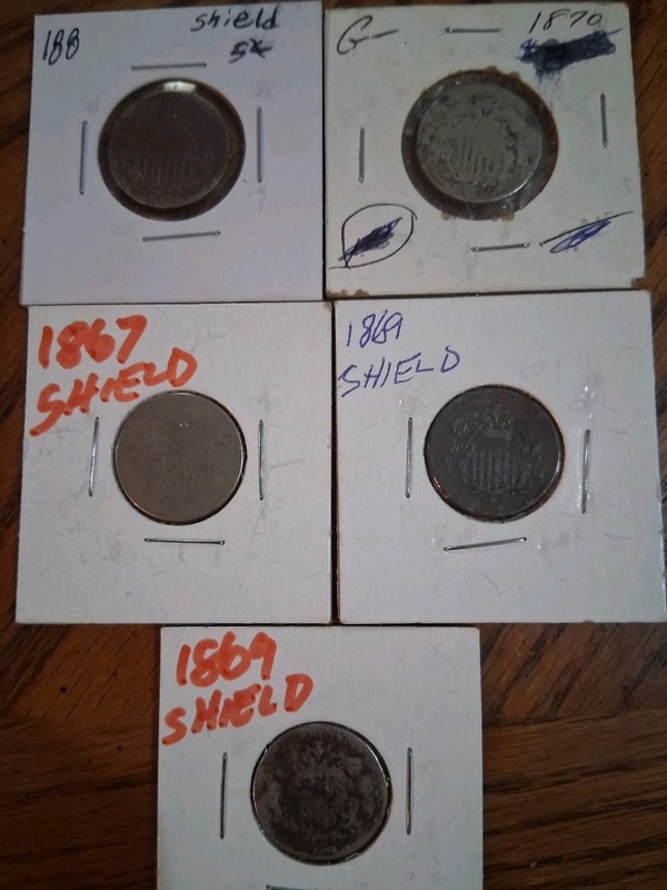 Lot Of 5 Us Shield Nickles, Misc Years And Dates