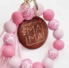 Fashion Mama Leopard Wooden Beaded Wristlet Keychain With Tassel - Pink