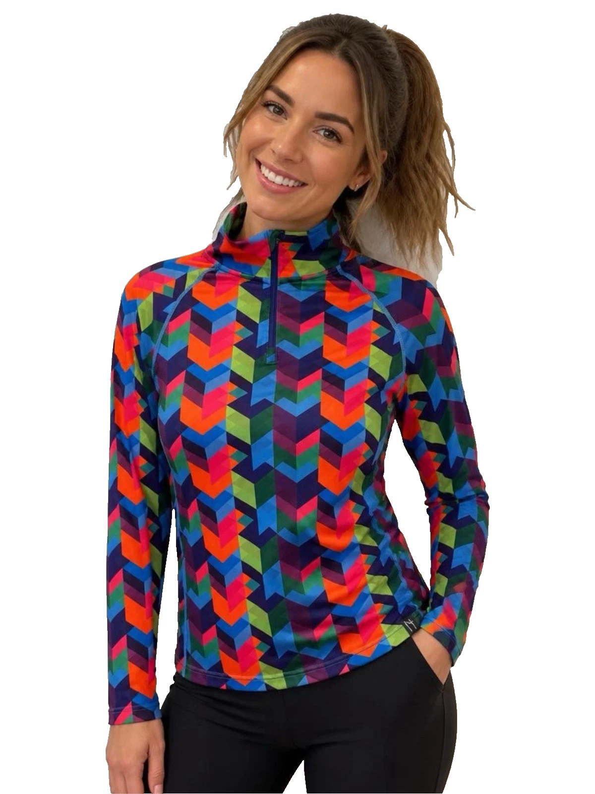 Neve 1/4 Zip Top Base Layer Ski Activewear Running Colorful Geometric Sz Medium