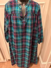 womens Lands End 100 Long Sleeve VNeck Mid Calf Plaid Nightgown GrannyCore 1X