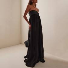 Black Strapless A Line Sleeveless Prom Gowns Long Draped Formal Evening Dresses