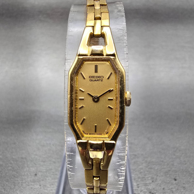 Seiko Watch Women 12mm Gold Dial Gold Tone Rectangle 2E20-6179 New Battery VTG