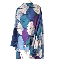 Blue Pashmina Shawl Wrap Wool Black Pepper Long Scarf Fringed