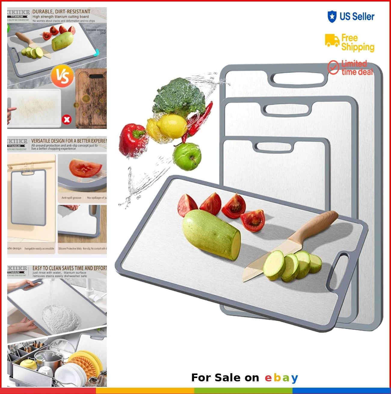 Titanium Cutting Board Double Sided Non Slip Silicone Edges Food Grade Kitchen