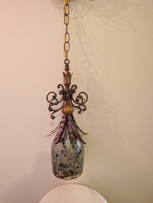  Hollywood Regency hanging SWAG lamp. Vintage MCM.Art Glass Shade.Copper. Unique