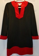 Michael Kors Color Block Black+Red LS Dress XS EUC Pockets VNeck Stretch Shift