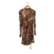 Fashion Nova 2XL Renaissance Print Mesh Mini Dress Ruched Brown Mock Neck