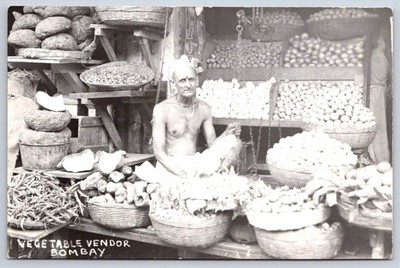 Vintage India Postcard BOMBAY Vegetable Vendor Marketplace 1940s Rppc