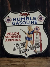 VINTAGE HOLLY'S HUMBLE GAS PEACH SPRINGS ARIZONA  PORCELAIN SIGN 12"X11"