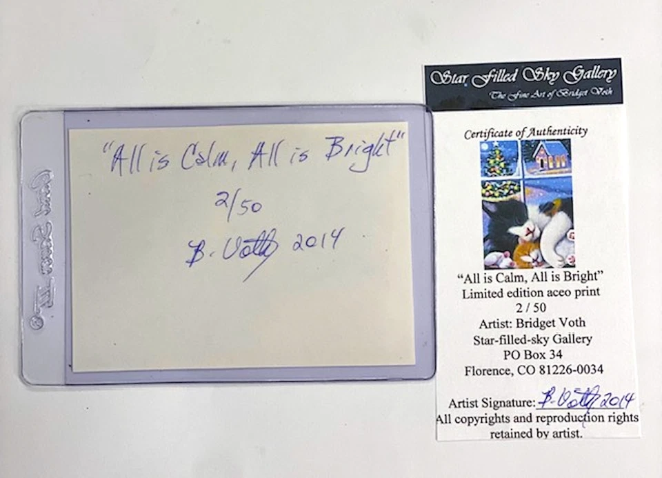 ACEO Original LE Estampa 2/50 Gatos Rato Presente de Natal assinado Bridget Voth 2014 - Imagem 3 de 3