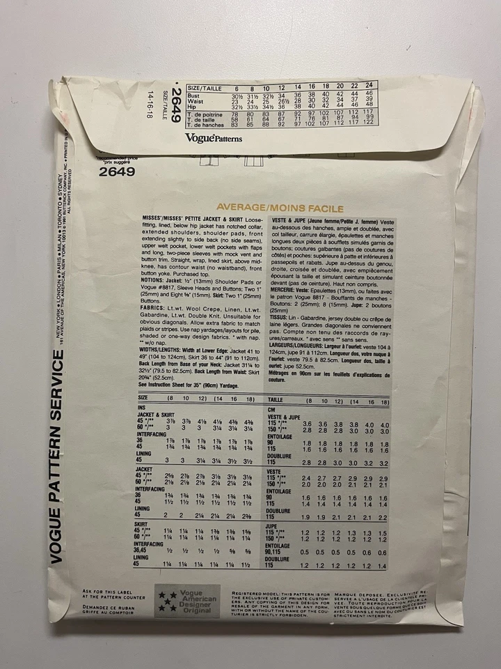 VOGUE American Designer #2649 Perry Ellis Size 14-16-18 "UNCUT" - Image 2 of 2