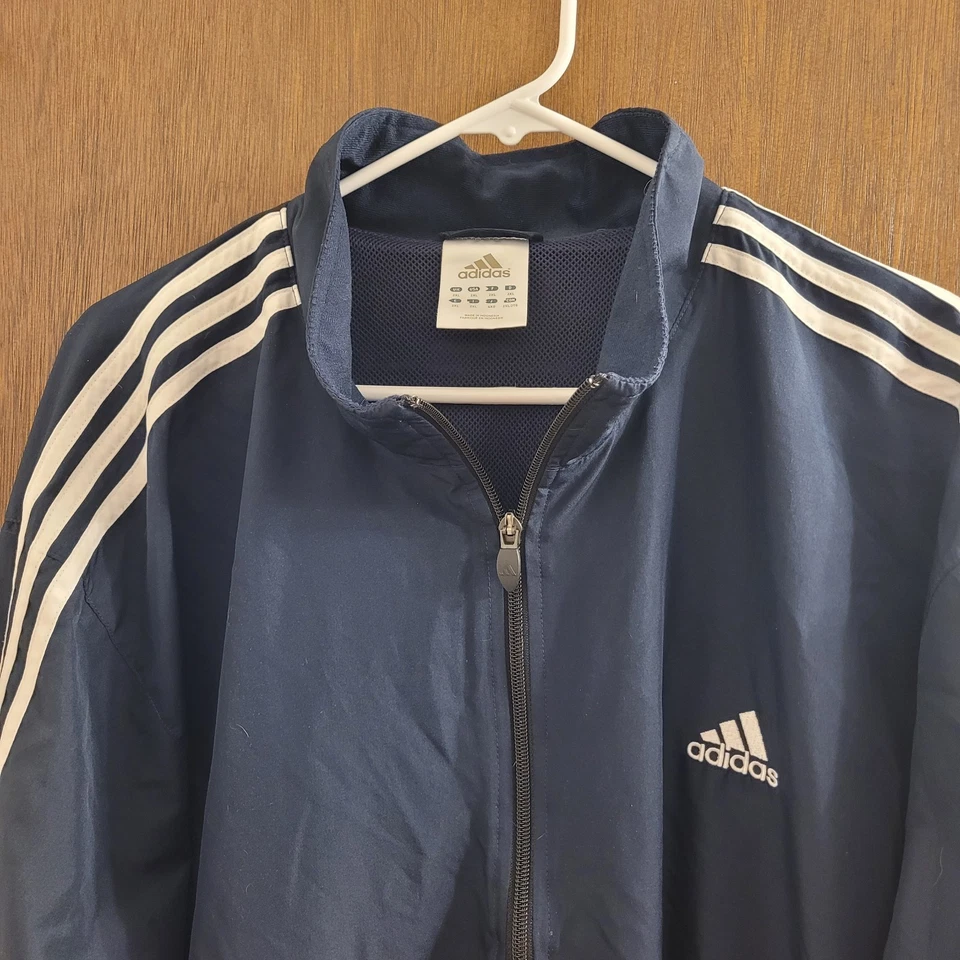 Adidas темно-синий белый полоски ветровка мужчин плюс размер 2 X четверть молнии Y2K - Изображение 2 из 4