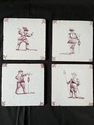 Antique Set of 4 x Dutch Delft Tile several figures  18th C. Manganese