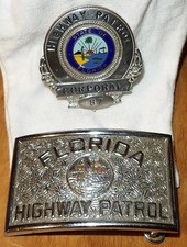 VINTAGE FLORIDA HIGHWAY PATROL STATE TROOPER POLICE CORPORAL BADGE & BELT BUCKLE