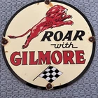 VINTAGE GILMORE GASOLINE MOTOR OIL ENAMEL GAS PUMP SIGN 12” Some Rust