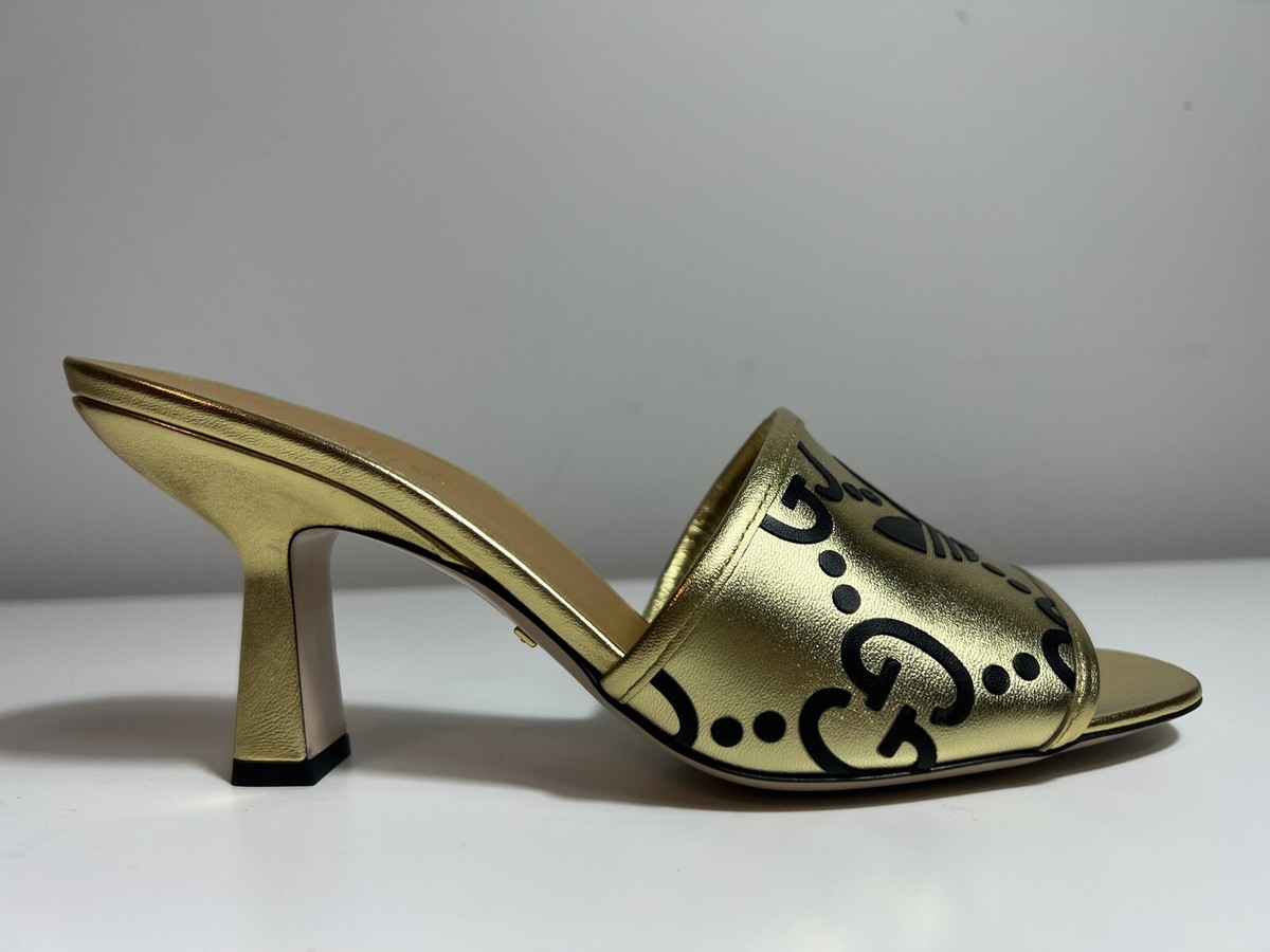 NIB Authentic Gucci X Adidas Metallic Gold Heeled Mules GG Logo EU