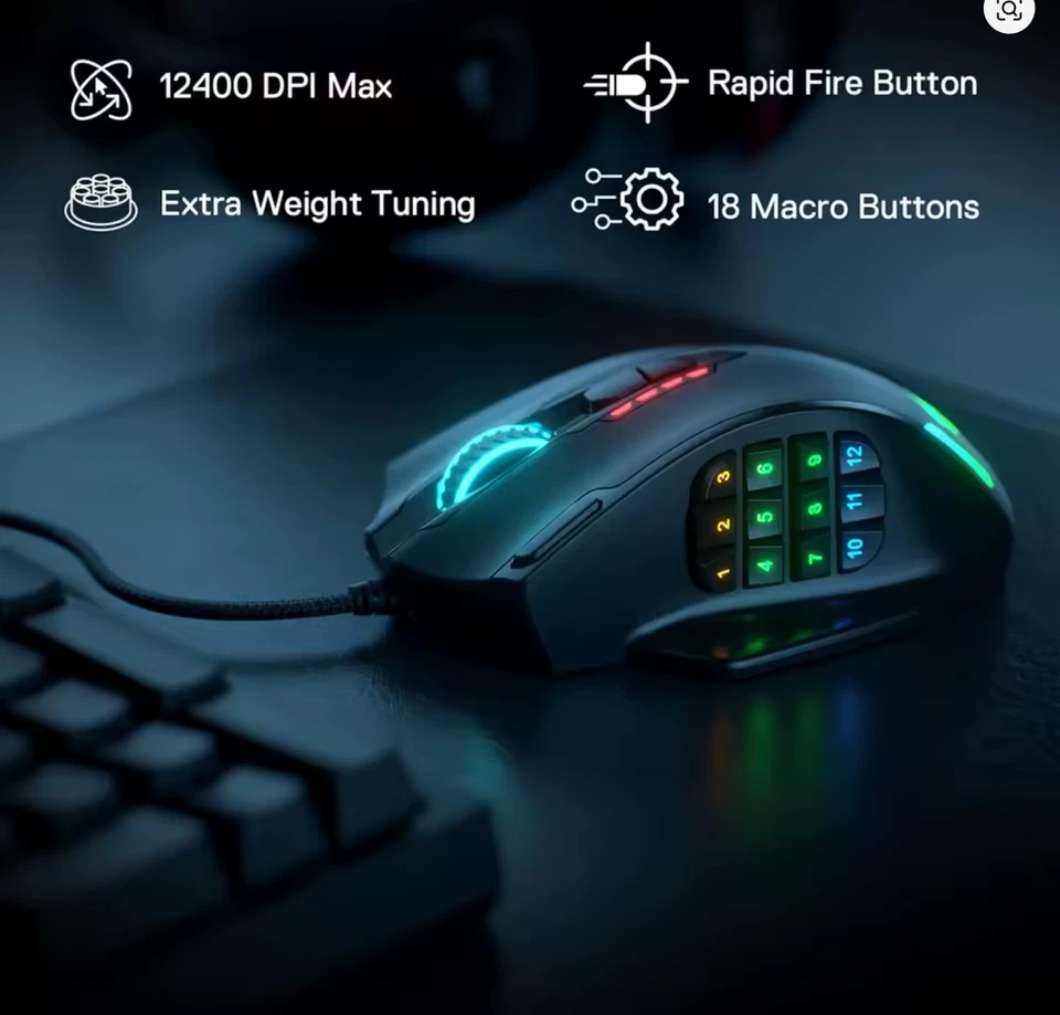Redragon M908 Wired Gaming Mouse RGB LED 18 Buttons 12400 DPI Laser USB PC Mac - Image 3 of 4