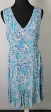 Cynthia Rowley Sleeveless Dress Size 6 Blue Paisley V-Neck Ruffle Hem Pockets