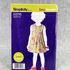 Simplicity 2016 Sleeveless Dress Pullover Toddlers Size 1/2 3 Sewing Pattern