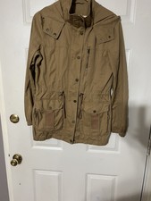 Women Garage Military Parka Hooded Utility Canvas Jacket Size M Brown Full Zip