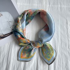 100 Silk Scarf Women Vintage Blue Green Tree Print Neckerchief Bandana 53 53cm