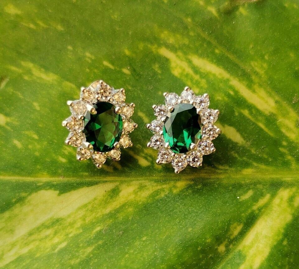 2Ct Oval Cut Simulated Green Emerald Stud Women's Earring 14k White Gold Plated