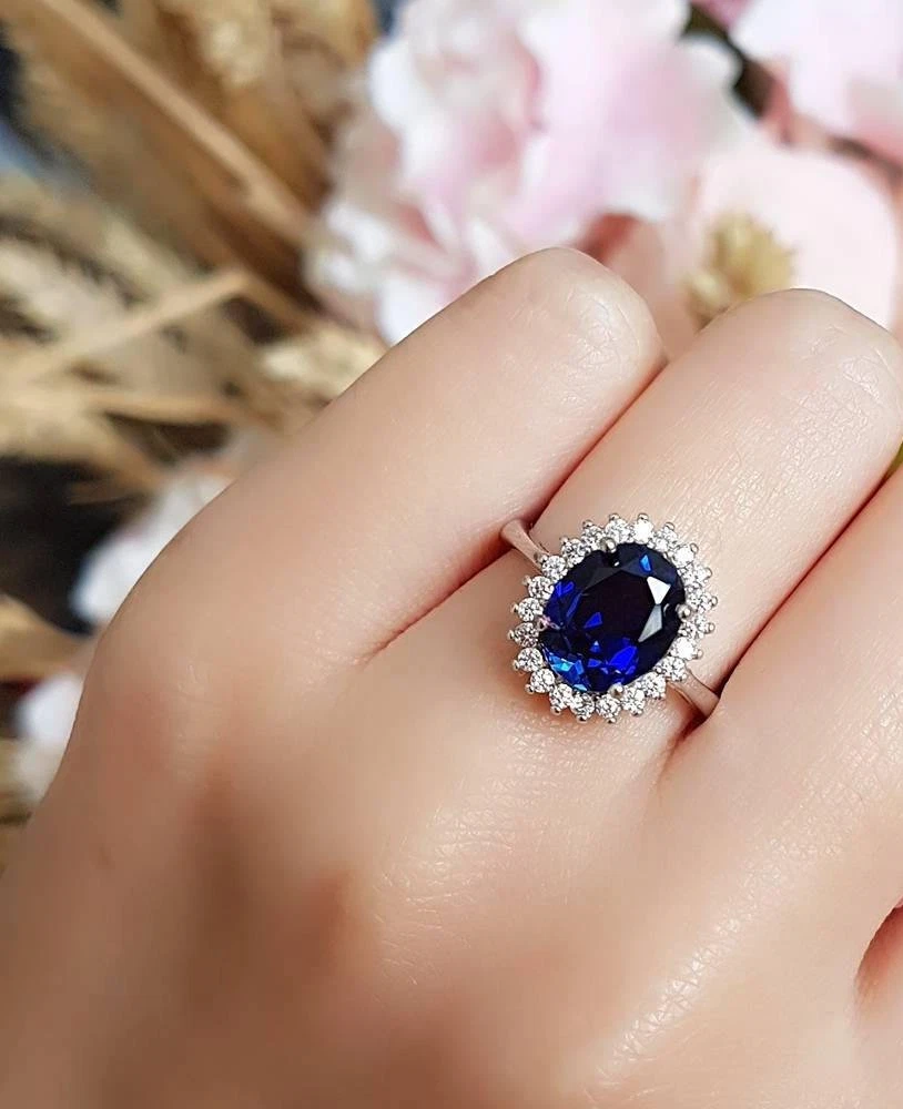 3ct Oval Cut Blue Sapphire Princess Diana Engagement Ring White