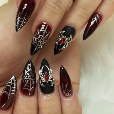 24pcs (1Pack) Halloween Press On Nails Black Red Spider Web Gothic Nail Art Set