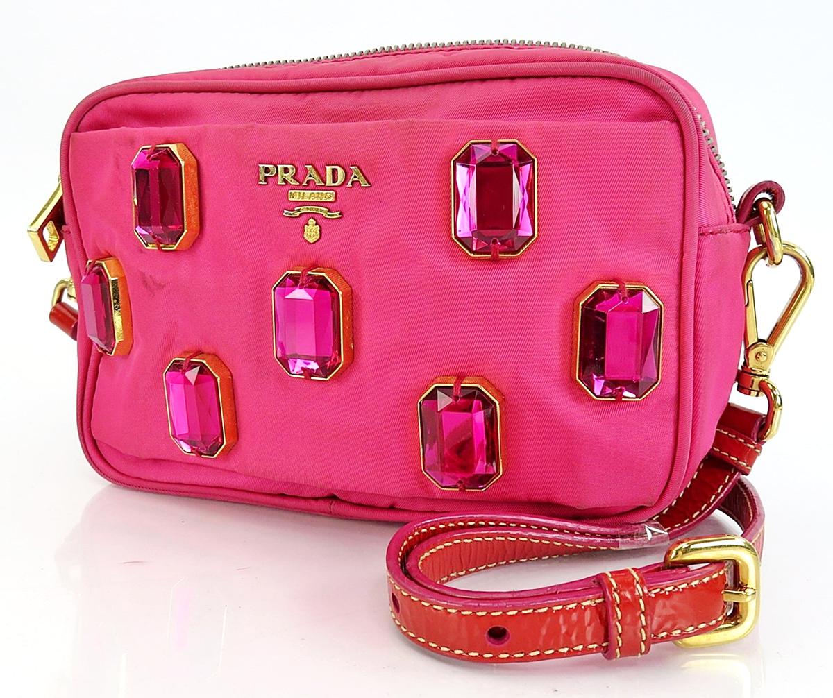 Auth PRADA Pietre Jeweled Pink Nylon and Leather Mini Shoulder Bag