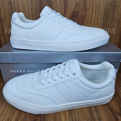 PERRY ELLIS Men's Sneakers Lace-Up Low-Top Faux Leather Upper Shoes ~ White