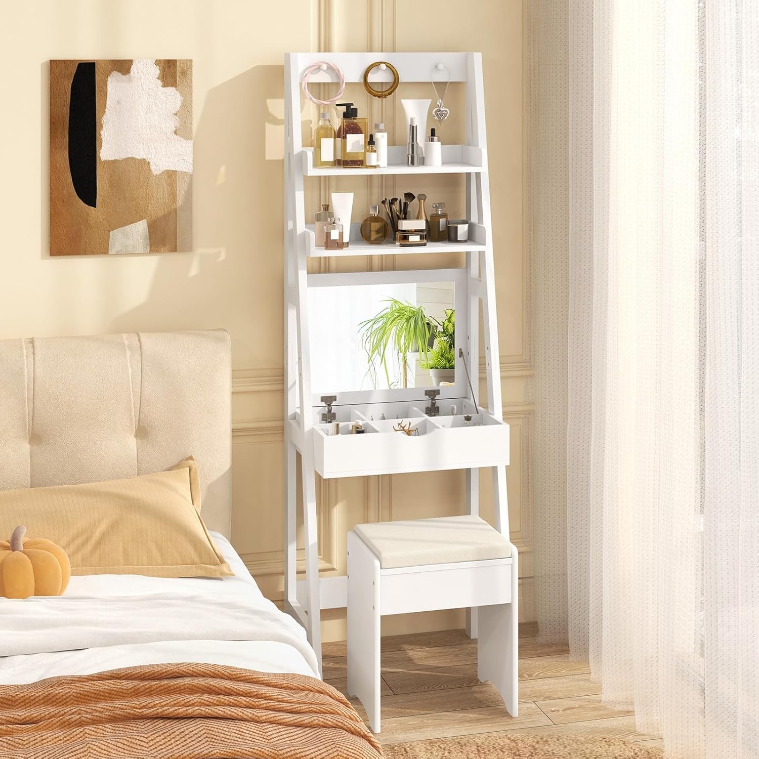 Vanity Desk with Flip-up Mirror Stool and 3-Color LED Lighting Makeup Set