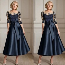 Navy Lace 3/4 Sleeve Satin Tea Length Mother Of Bride Custom Bow Evening Dress