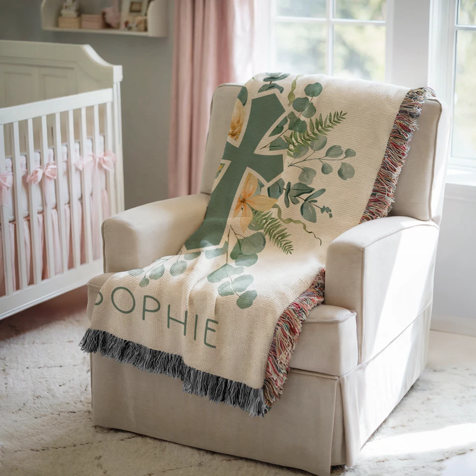 Manta Bebé Bautizo Personalizada Floral Cruz Bautizo Tejida Bebé Regalo Foto 2 de 4