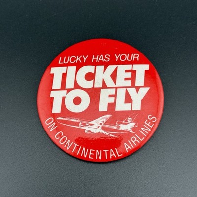 Vintage Continental Airlines Ticket To Fly Pin Button Lucky Promo 3 